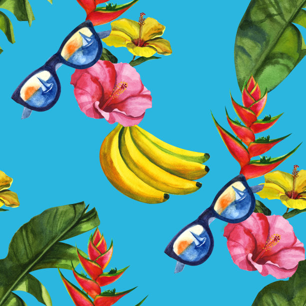 水彩热带无缝模式与太阳镜。手绘装饰背景。印刷纺织品，布料，墙纸，剪贴簿图片下载