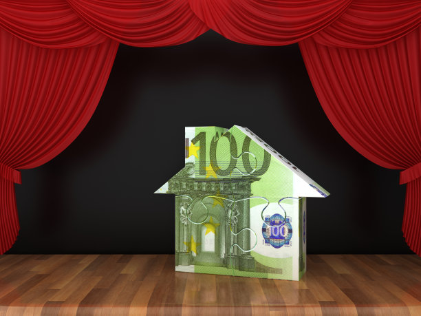 欧元纸币拼图屋与红色舞台窗帘在木地板- 3D渲染图片下载