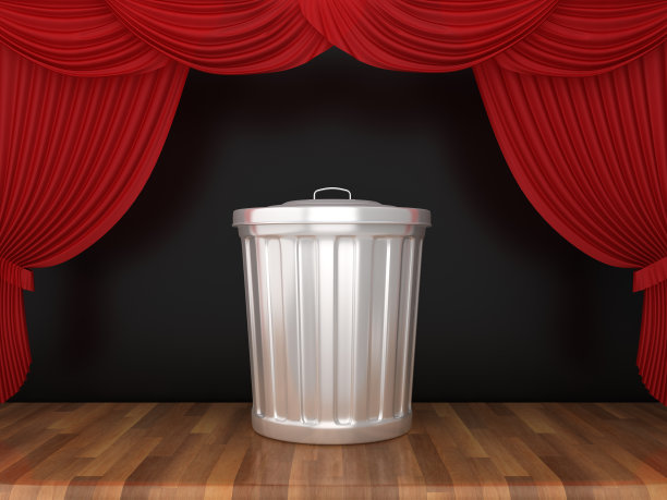 垃圾桶与红色舞台窗帘在木地板- 3D渲染图片下载