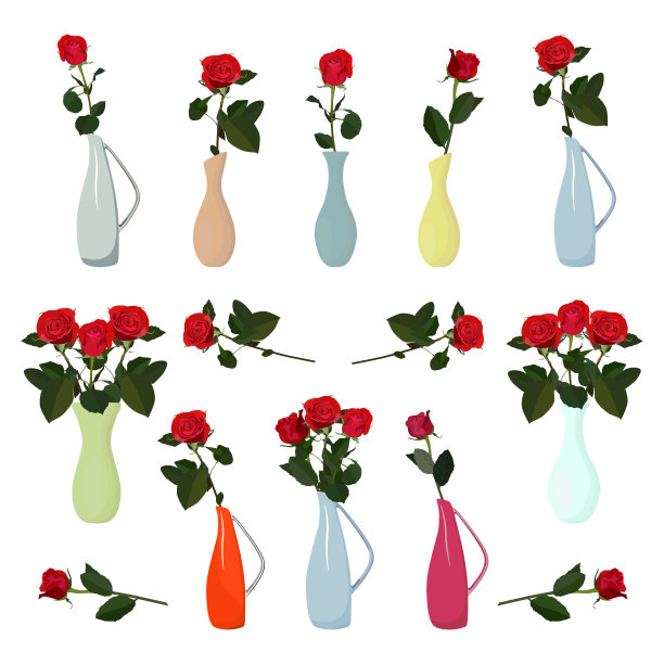 红玫瑰在花瓶矢量平面孤立的插图图片下载