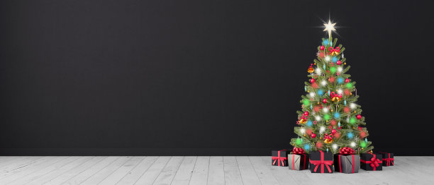 空的圣诞房间与冷杉树，礼物和黑色墙壁复制空间3d渲染图片下载