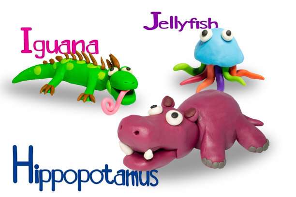 卡通人物，鬣蜥，水母和河马孤立的白色背景。图片下载