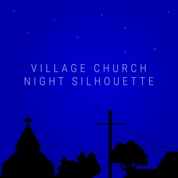 夜晚村庄教堂的天际线。矢量图图片下载