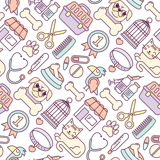 线条风格矢量无缝插图与宠物图标。白色上的线性vet图案。线条风格兽医背景。猫和狗的货物。图片下载