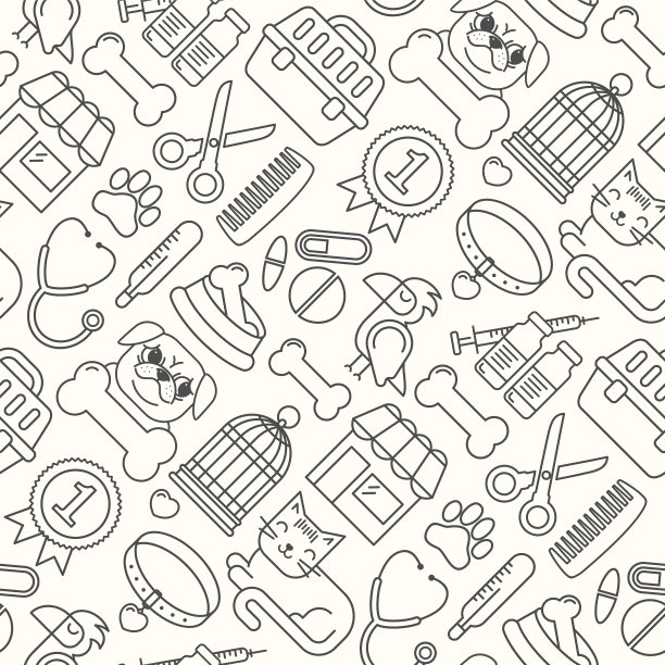 线条风格矢量无缝插图与宠物图标。白色上的线性vet图案。线条风格兽医背景。猫和狗的货物。图片下载