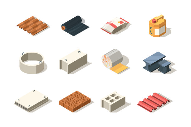建筑图标。工业建筑用材料木、砖、桩、管、沥青板、屋面矢量等距图片下载