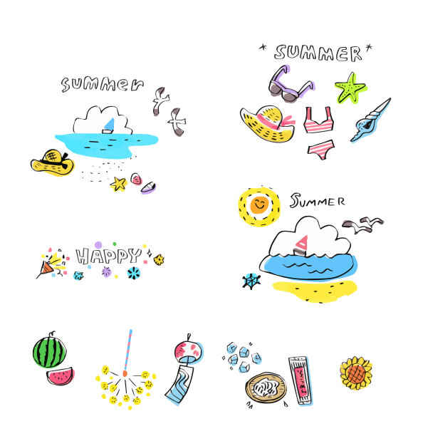 一组插图，形象的夏天图片下载