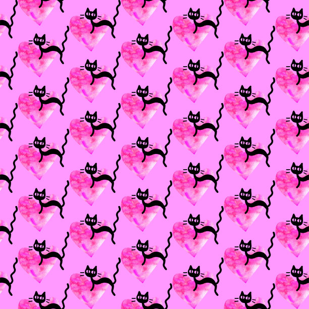 可爱的无缝图案与心和猫。浪漫的纹理背景，包装纸，包装，贺卡，印刷品，封面，织物，纺织品，生日，情人节图片下载