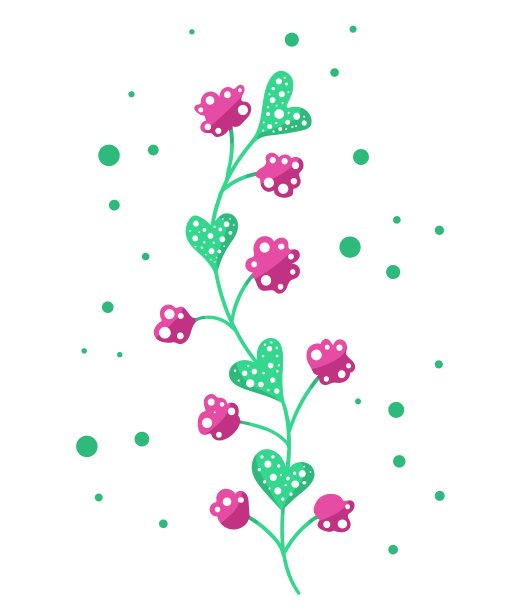 装饰色彩鲜艳的绿色植物与粉红色的花。情人节平面设计。设计了关于花卉的网站插图，笔记本、杂志的封面装饰图片下载