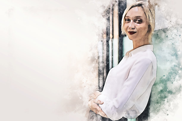 抽象多彩美丽的商业女性微笑肖像和站在办公室的水彩插画画的背景。图片下载