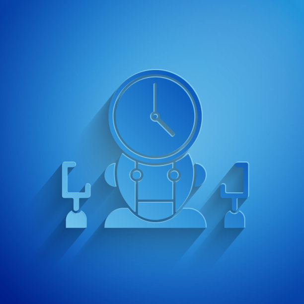 剪纸机器人和数字时间管理图标隔离在蓝色背景。时间管理帮助，工作流优化帮助。纸艺术风格。矢量图图片下载