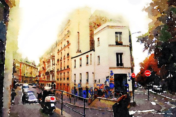 水彩画的是巴黎市中心一个典型的十字路口图片下载