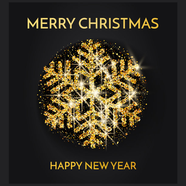 圣诞贺卡快乐。金色的雪花在黑暗的背景上闪闪发光。圣诞快乐，新年快乐短信。图片下载