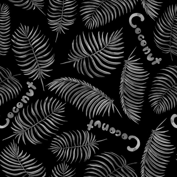 无缝模式与水彩椰子和热带叶子孤立。黑色的热带背景。棕榈叶的背景。用于纺织、织物、印花的叶子图案。图片下载