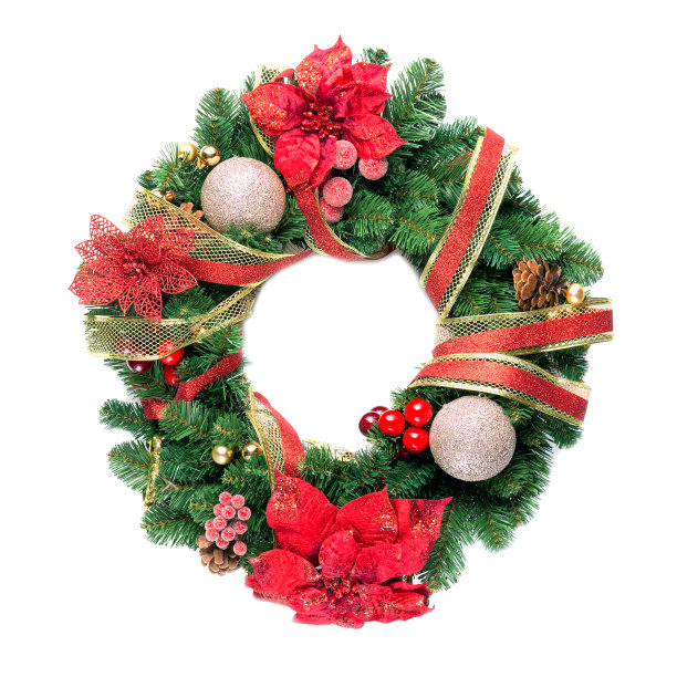 圣诞花环与装饰孤立在白色背景。图片下载