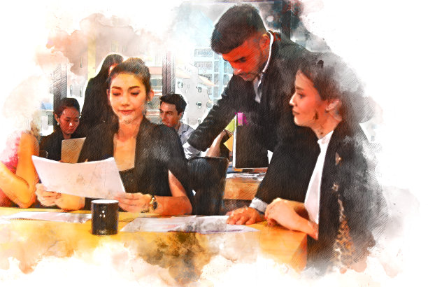 抽象的商人在办公室工作和聊天的朋友在水彩画插画的背景。图片下载