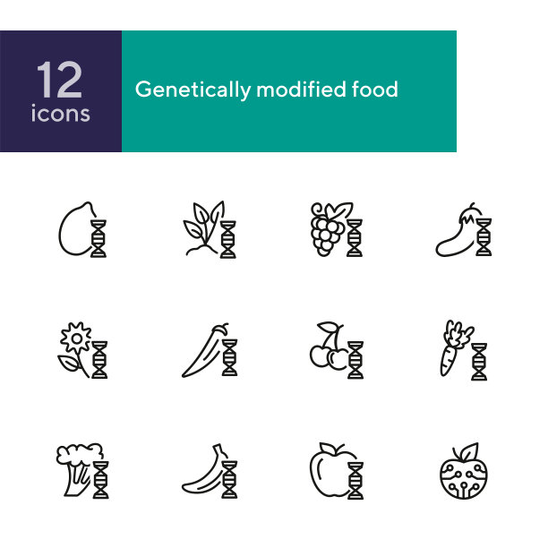 转基因食品线图标设置。改进剂浆果,苹果图片下载