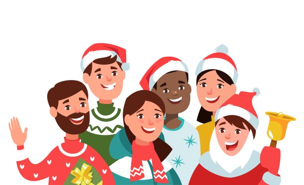 一群兴高采烈的朋友穿着冬装，戴着圣诞老人的帽子，背景是白色的。人们庆祝寒假、圣诞节和新年图片下载