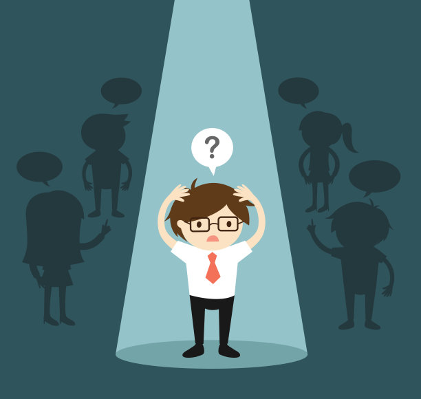 商业概念，商人站在聚光灯下，感到困惑。矢量插图。图片下载