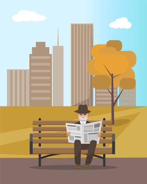 秋天公园和看报纸的老人图片下载