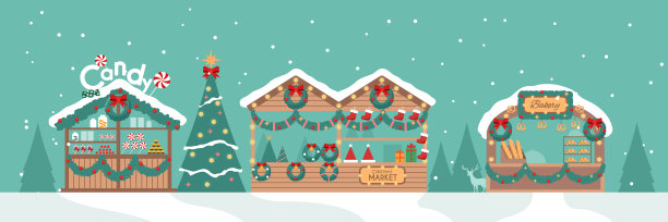 圣诞市场贺卡与商店在蓝绿色的背景图片下载