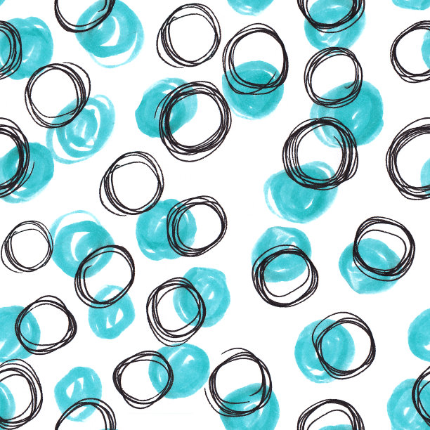 抽象无缝模式手绘蓝色涂鸦圆在白色的背景。为纺织品，背景等创造插图。素材图片