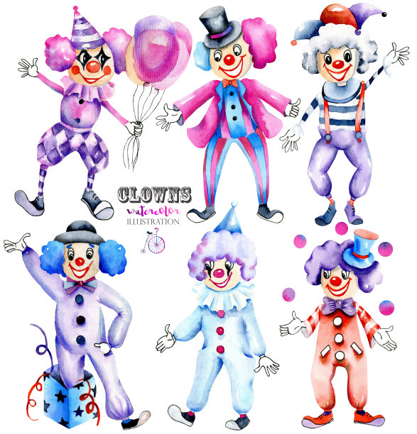 水彩马戏团小丑收集，手工绘制孤立的白色背景图片下载