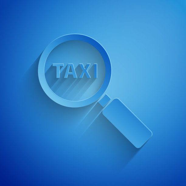 剪纸放大镜和出租车的图标孤立在蓝色背景。出租车搜索。纸艺术风格。矢量图图片下载