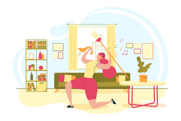 快乐女人清洁房子平面矢量概念图片下载
