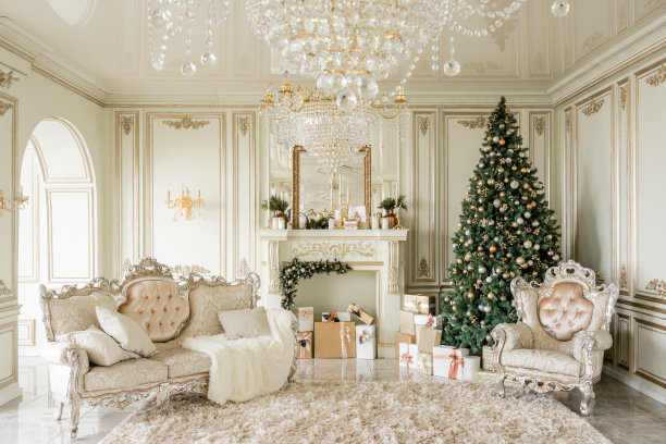 圣诞节的早晨。经典豪华公寓装饰圣诞树和礼物。有壁炉、柱子和灰泥的生活。图片下载
