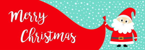 圣诞快乐旗帜。圣诞老人拿着大袋子拎着礼物。红帽子，服装，胡子，皮带。可爱的卡通卡哇伊有趣的婴儿角色。新年快乐。的问候。蓝雪的背景。图片下载