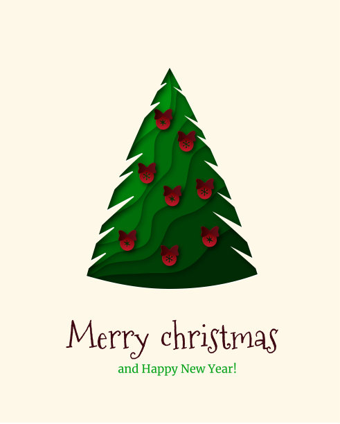 有红球的圣诞树。新年海报，横幅，明信片，请帖。背景在剪纸风格。向量图片下载