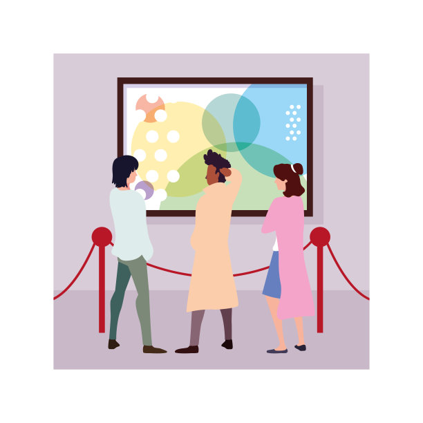 一群人在当代美术馆，参观展览，观看现代抽象画图片下载