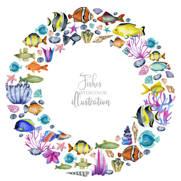 花环与水彩海洋鱼类，珊瑚和海藻，手绘在一个白色的背景图片下载