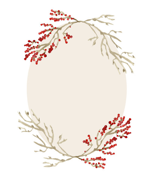 水彩手画自然冬季框架与棕色的树枝和红色浆果与米黄色椭圆形的白色背景为圣诞邀请和问候卡与文字空间图片下载