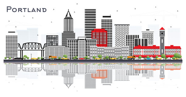 波特兰俄勒冈城市天际线与灰色的建筑物和反射孤立的白色。图片下载