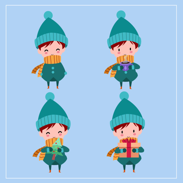 可爱可爱的手绘男孩穿着冬天的服装，微笑和有趣的脸在不同的姿势和活动在蓝色的背景。收集。集。向量。Emoji。贴纸。表情符号。卡通。的性格。插图。图标。装饰品。孤立。每股收益10图片下载