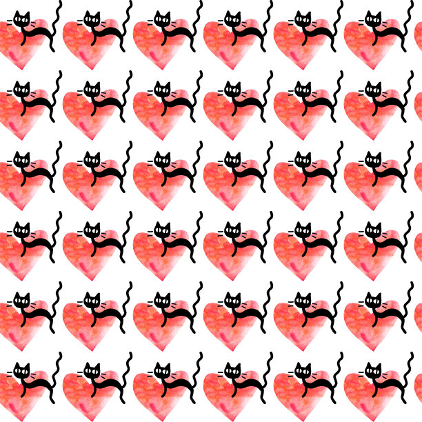 可爱的无缝图案与心和猫。浪漫的纹理背景，包装纸，包装，贺卡，印刷品，封面，织物，纺织品，生日，情人节图片下载