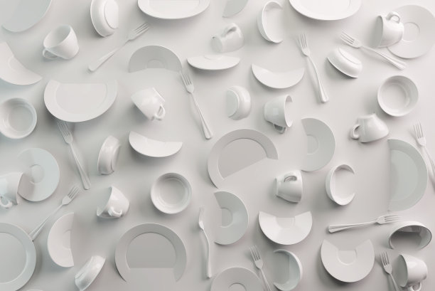 白色食物背景概念设计菜单餐厅或咖啡馆。食物的传单。陶瓷盘子和碟子。白色背景上放白咖啡杯和白咖啡碟。三维渲染图片下载