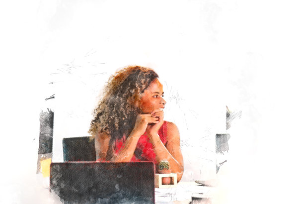 抽象色彩丰富的商业女性为工作的成功而快乐的概念，在办公室里以水彩插画为背景画上。图片下载