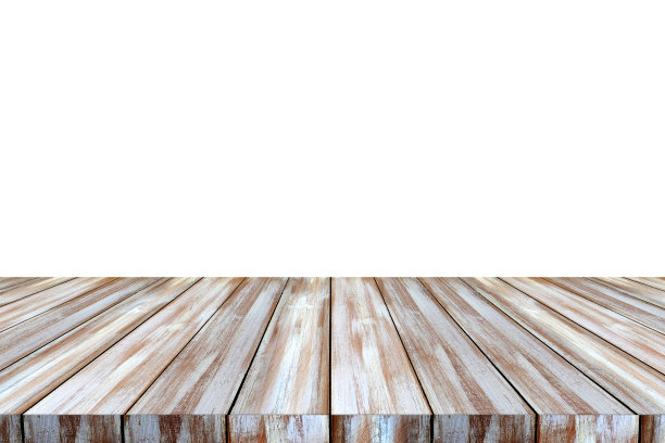 透视木桌面，桌子孤立在白色背景，木制桌子表面为产品展示背景，空木质柜台，搁架孤立在白色食物展示横幅，背景图片下载