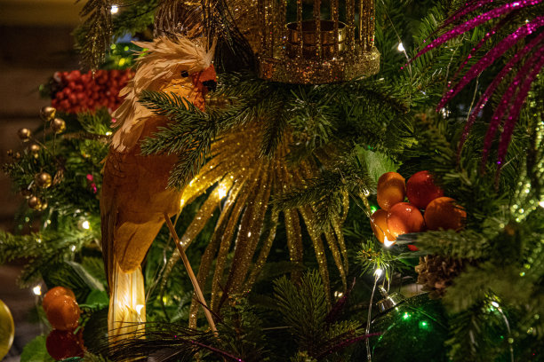 抽象的背景豪华闪闪发光的圣诞装饰假鹦鹉和闪闪发光的人造棕榈树叶。热带风格的新年庆祝装饰用闪亮的圣诞灯图片下载