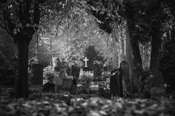 古老墓地里的坟墓和墓碑的复古照片。粒状的，嘈杂的，艺术的单色图像。万圣节，所有圣徒的概念图片下载