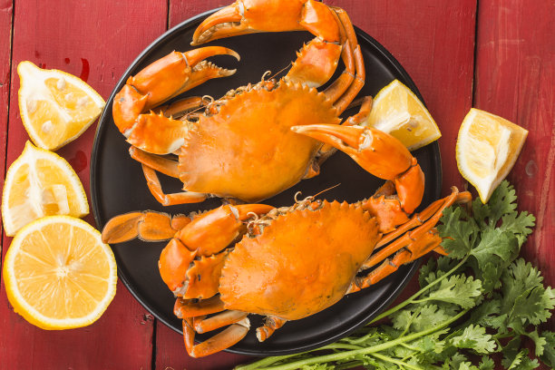 黑盘子里的熟螃蟹，图片下载