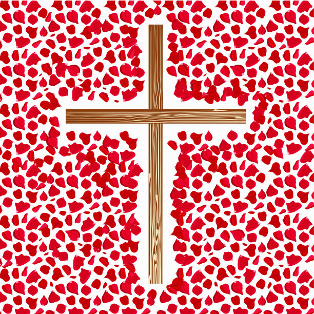 红玫瑰花瓣上的木制十字架。基督教符号对象孤立图片下载