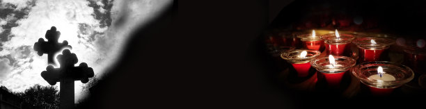 黑色背景上的教堂蜡烛和十字架。拼贴画。宗教，悲伤，哀悼的概念。选择性聚焦，侧视图，拷贝空间。图片下载