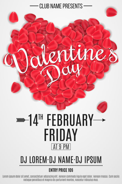 情人节派对海报。玫瑰花瓣与文字的心。浪漫的节日。DJ和俱乐部名称。设计的俱乐部。矢量插图。ESP 10图片下载