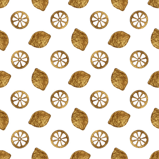 柠檬金手绘无缝图案。抽象柑橘金色背景。水果光泽纹理在复古风格。图片下载