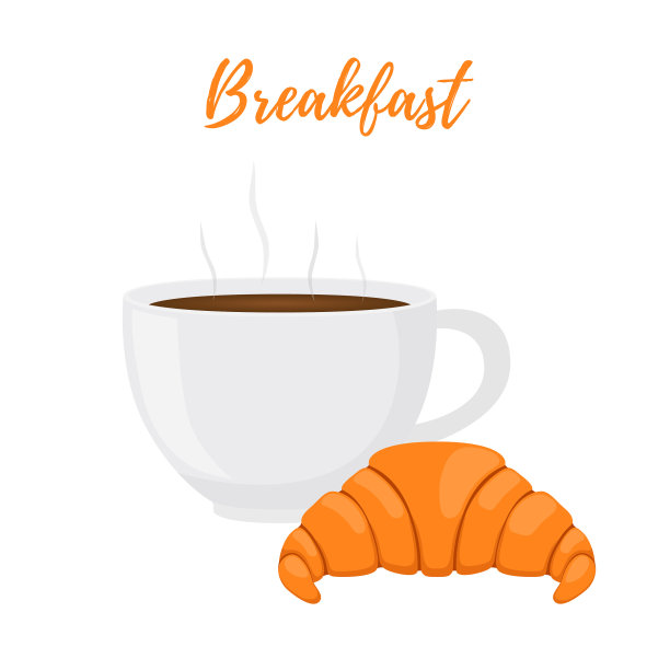矢量早餐-一杯黑咖啡和牛角面包图片下载