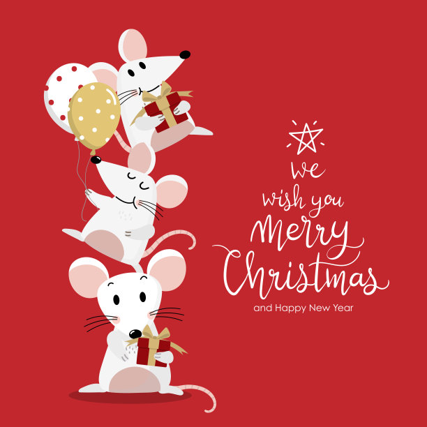 圣诞快乐，2020年新年快乐贺卡。可爱的老鼠，雪人，糖果和树在一个红色的盒子。节日卡通里的小老鼠。动物特征向量。图片下载
